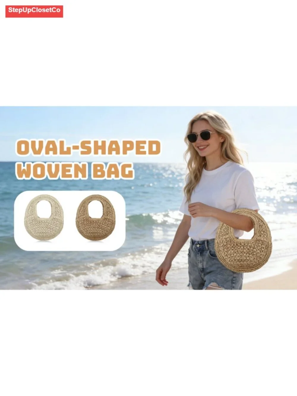 Woven Straw Clutch Bag Crescent Summer Beach Purse Handheld Tote